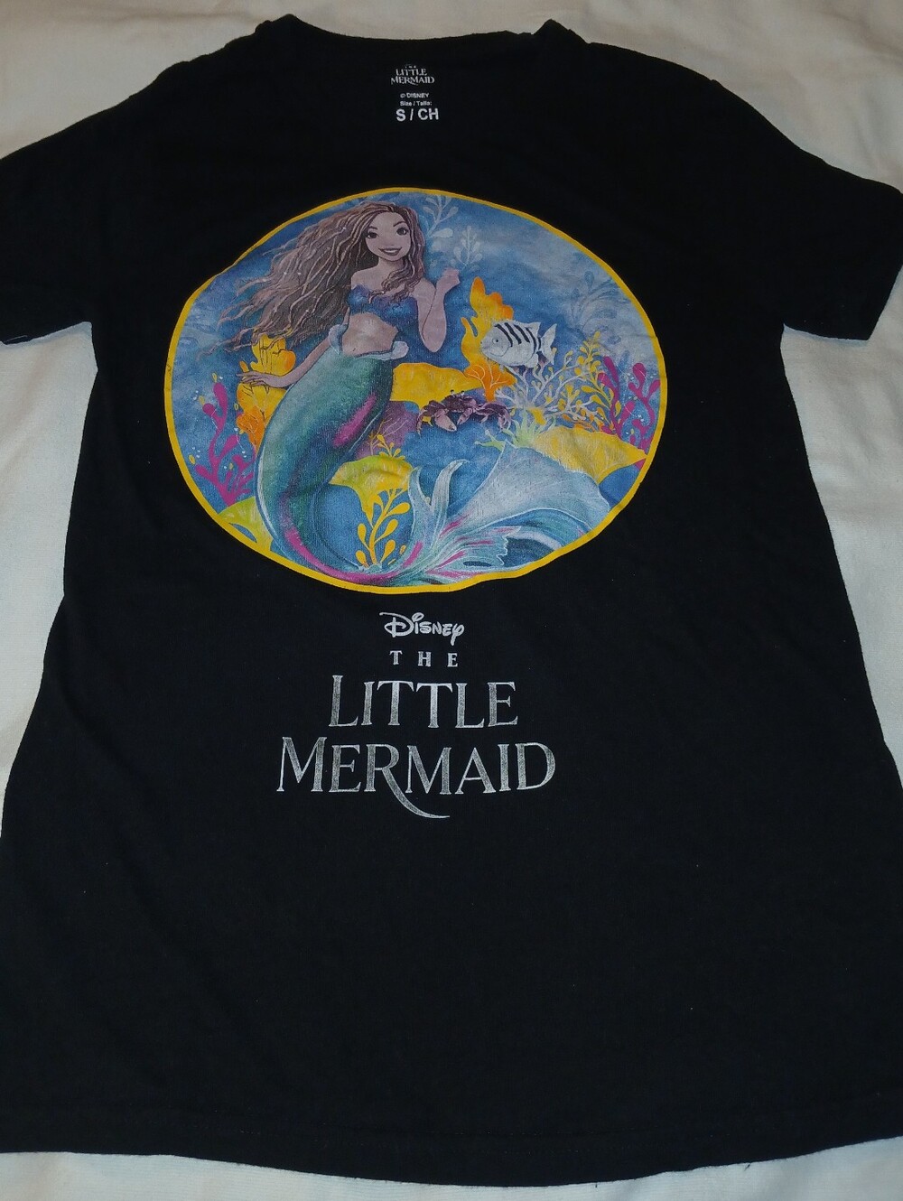 NWOT Disney Black Little Mermaid Graphic Tee with Colorful Ariel Print.